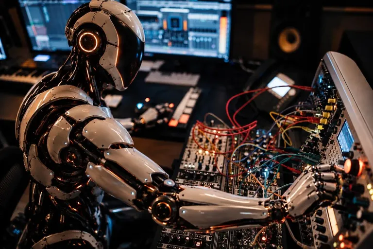 Androide futurista sin rostro produce música electrónica en un estudio