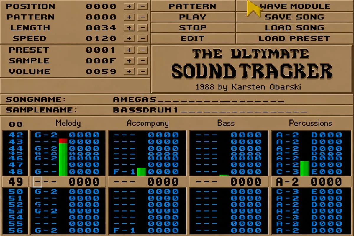 Interfaz de un tracker musical clásico con patrones verticales de notas, instrumentos y comandos utilizados para producir música electrónica.